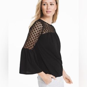 WHBM 3/4 bell sleeve blouse with lace. Black LIKE NEW!